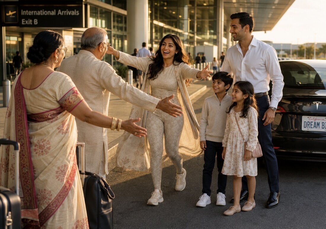 Joyful multigenerational family reunion at international arrivals — a woman thriving with managed lipedema, dreaming big