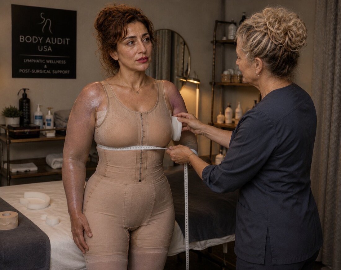Anne measuring a client in a post-surgical compression garment at the Body Audit USA studio in Redmond